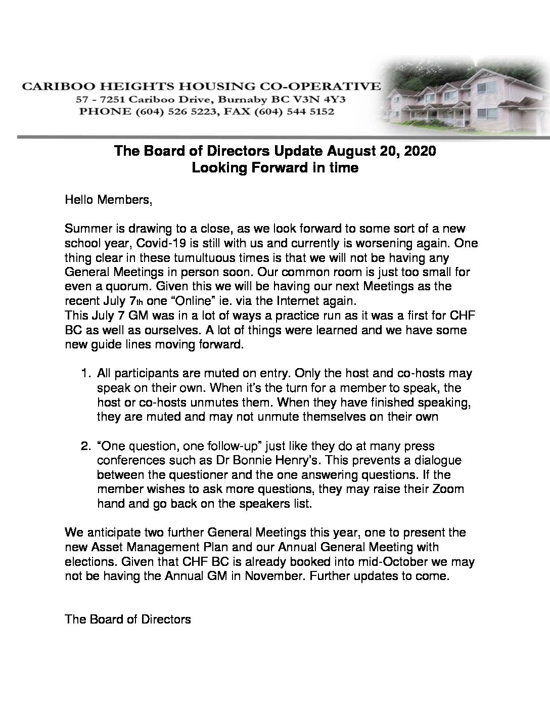 Board Update Aug 21 2020 Cariboo Heights Housing Cooperative
