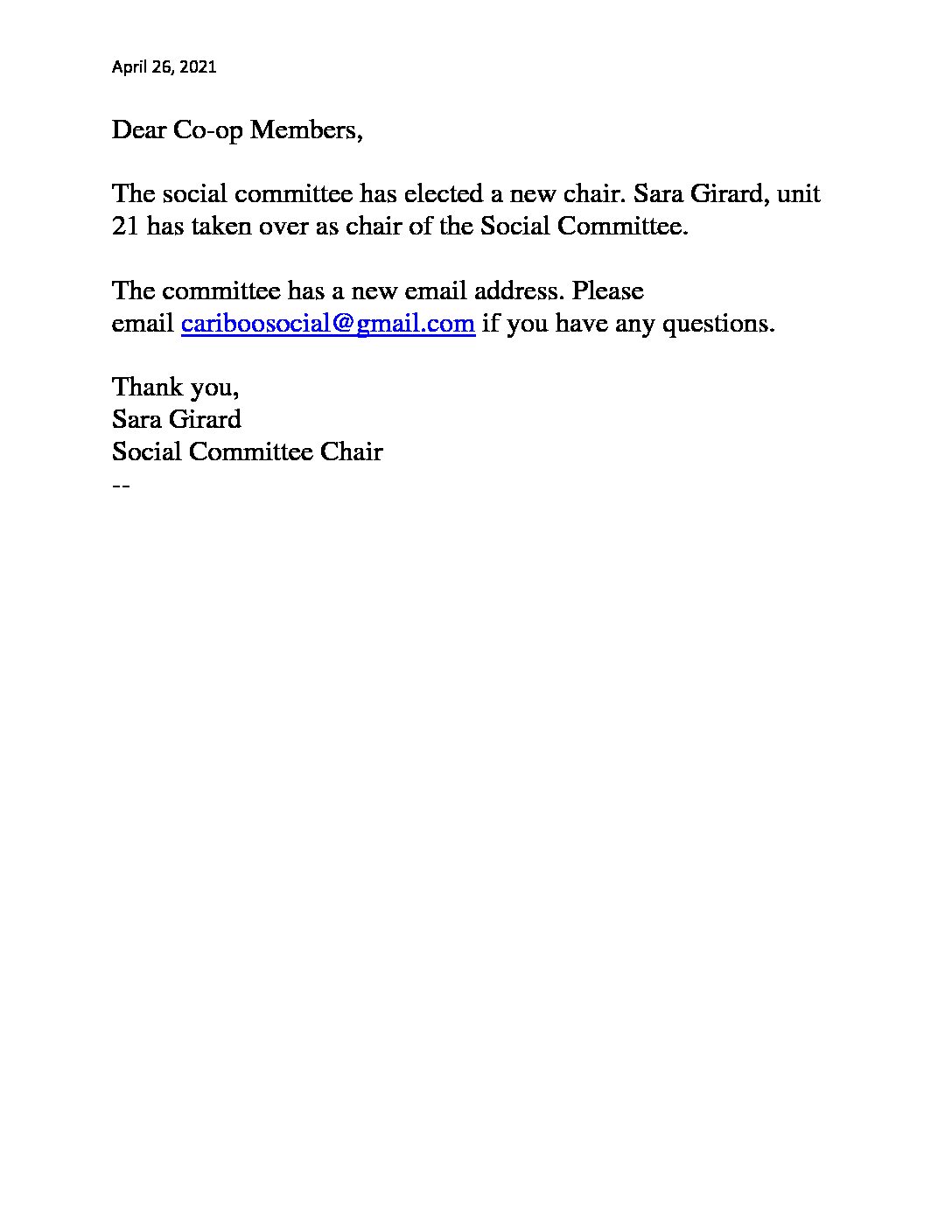 Social Chair Cariboo Heights Housing Cooperative